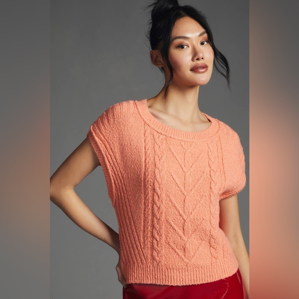 Pilcro Peach Orange Oversized Cable Knit Sweater Fisherman Sleeveless Shirt Sz M